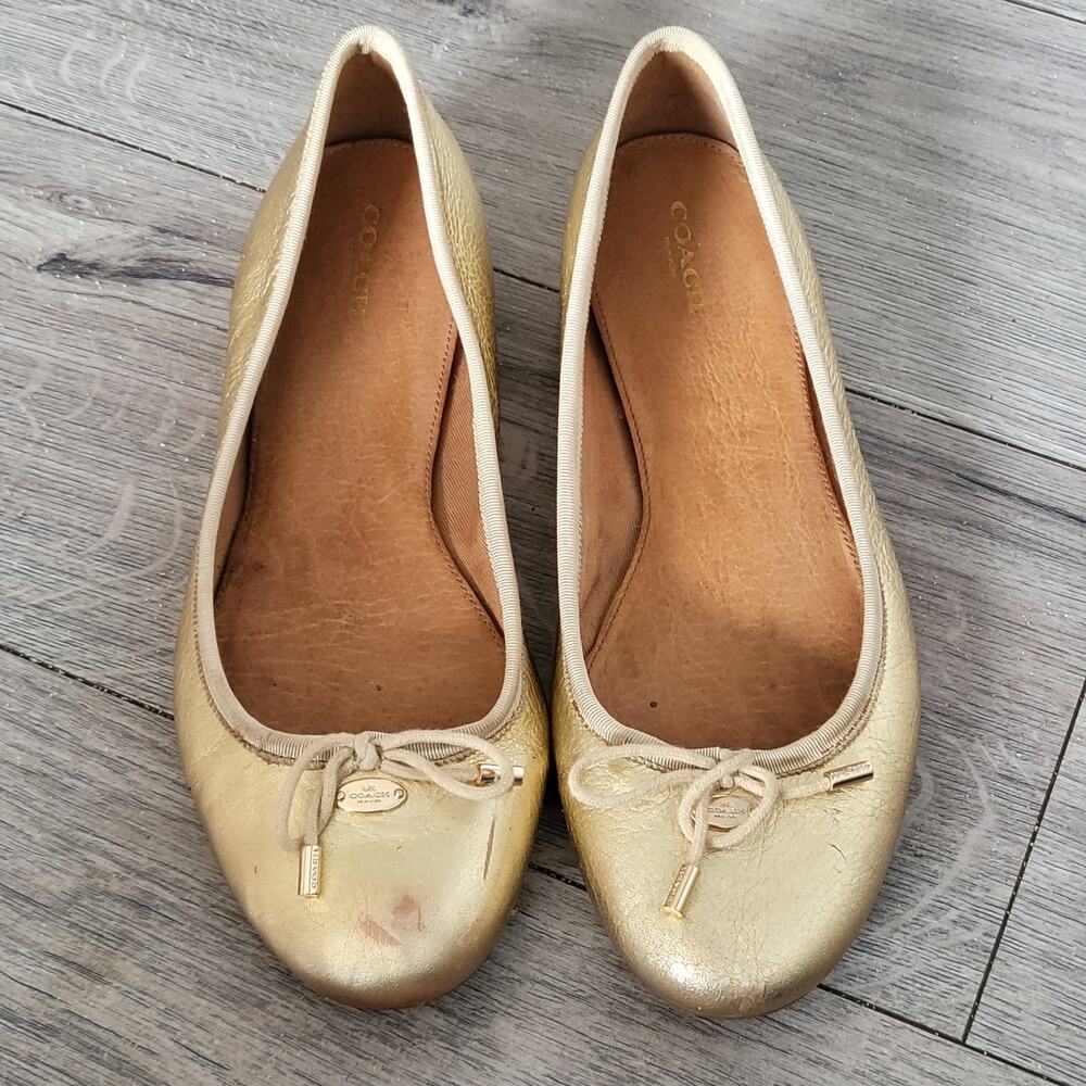 Coach Lara Metallic Gold Leather Ballet Flats Shoes Women's Size 9.5